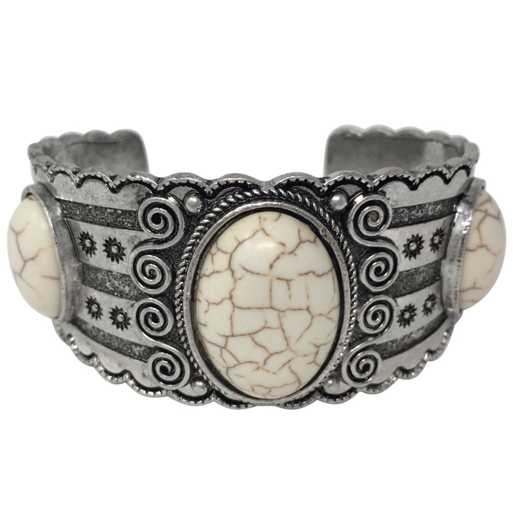 Cream Ivory Stone Western Style Concho Silver Statement Tribal Cuff Bracelet